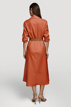 Collar Neck Orange Midi Shirt Work Dress with Belts