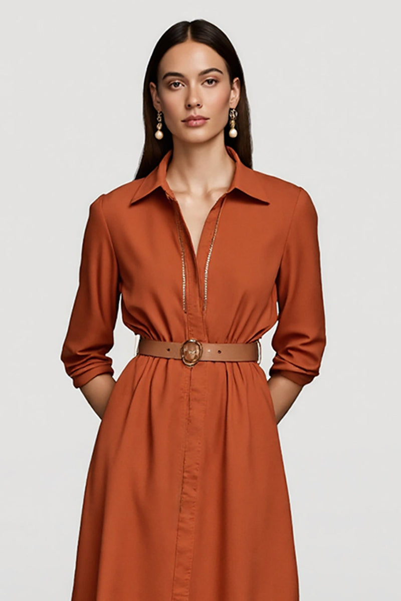Load image into Gallery viewer, Collar Neck Orange Midi Shirt Work Dress with Belts