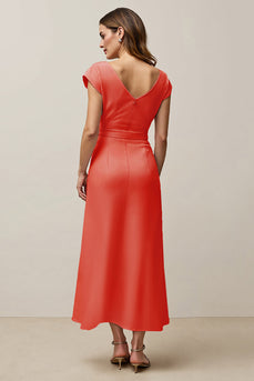 A-Line Orange V-Neck Long Work Dress with Sash
