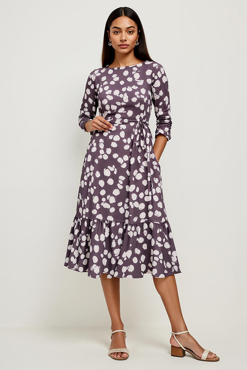 Load image into Gallery viewer, A Line Bateau Dark Purple Printed Midi Work Dress