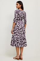 Load image into Gallery viewer, A Line Bateau Dark Purple Printed Midi Work Dress