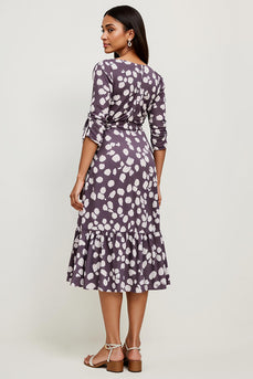 A Line Bateau Dark Purple Printed Midi Work Dress