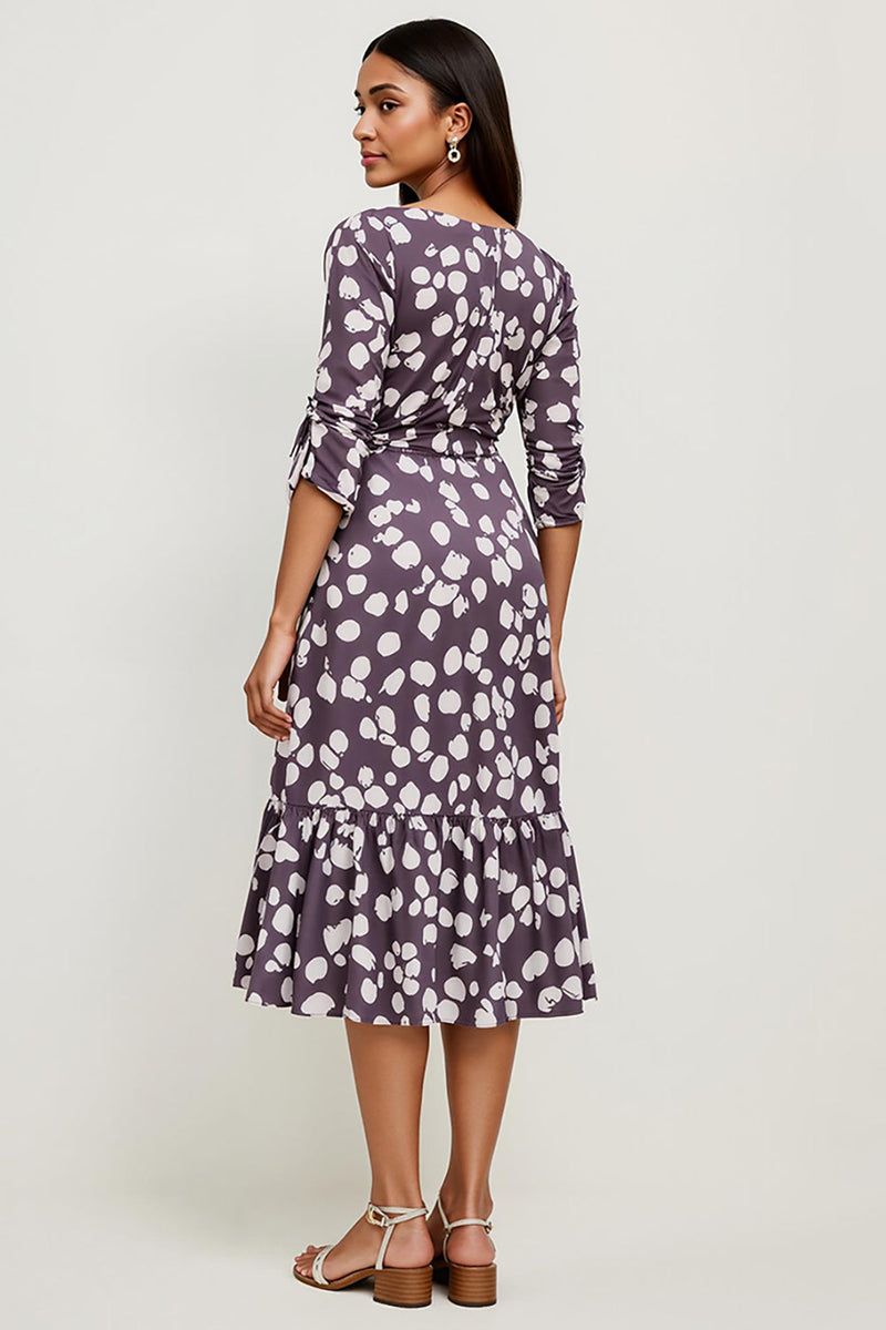 Load image into Gallery viewer, A Line Bateau Dark Purple Printed Midi Work Dress