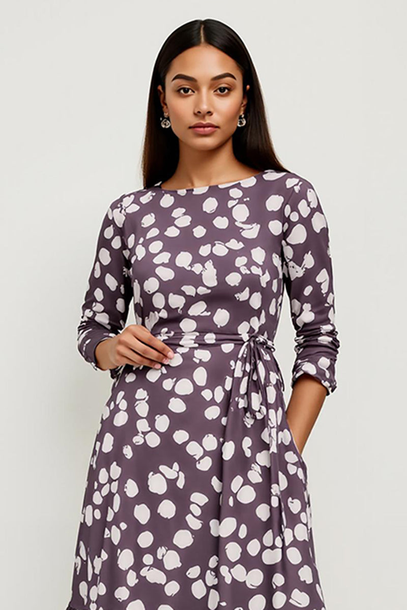 Load image into Gallery viewer, A Line Bateau Dark Purple Printed Midi Work Dress