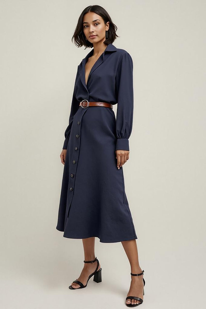 Load image into Gallery viewer, Collar Neck Navy Midi Shirt Work Dress Sleeves with Buttons