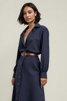 Load image into Gallery viewer, Collar Neck Navy Midi Shirt Work Dress Sleeves with Buttons