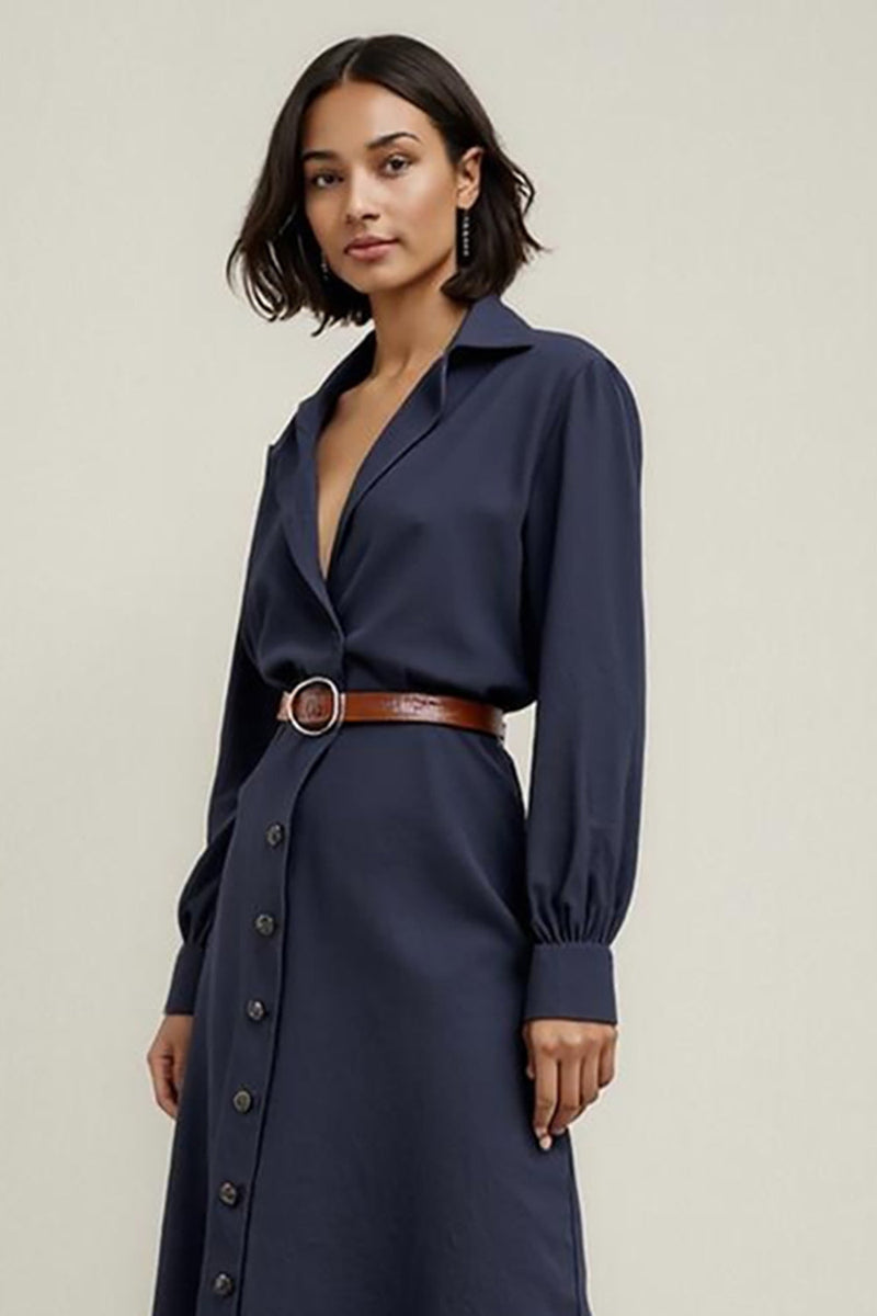 Load image into Gallery viewer, Collar Neck Navy Midi Shirt Work Dress Sleeves with Buttons