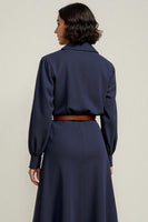 Load image into Gallery viewer, Collar Neck Navy Midi Shirt Work Dress Sleeves with Buttons