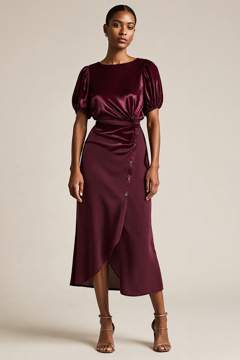 Load image into Gallery viewer, Burgundy Boat Neck Bodycon Midi SleevesWork Dress