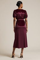 Load image into Gallery viewer, Burgundy Boat Neck Bodycon Midi SleevesWork Dress