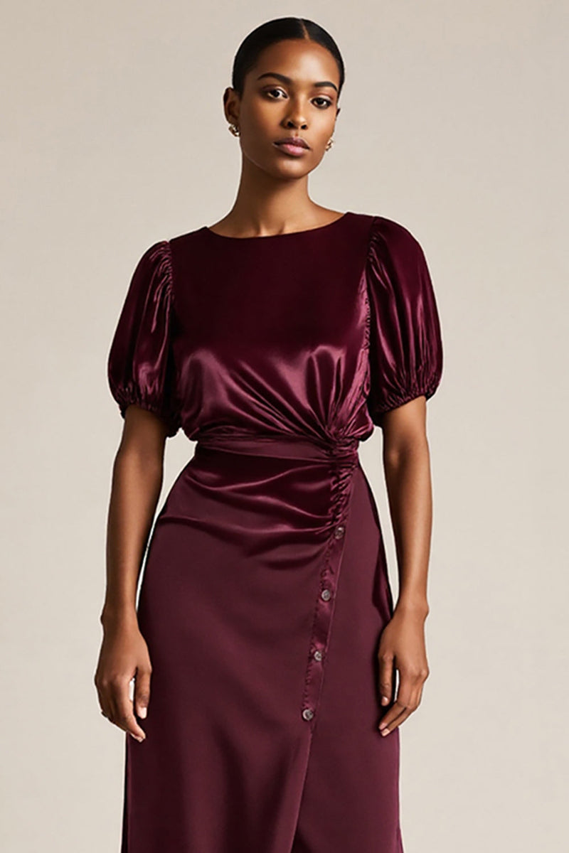 Load image into Gallery viewer, Burgundy Boat Neck Bodycon Midi SleevesWork Dress