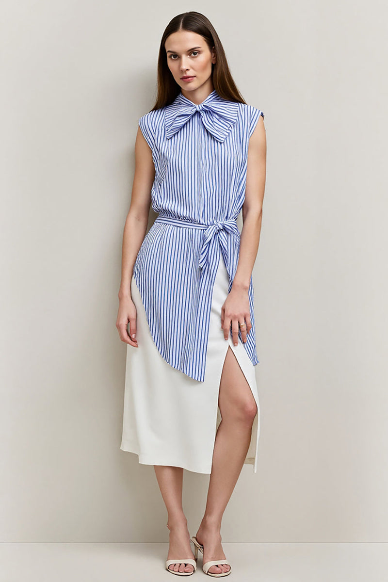 Load image into Gallery viewer, Blue Pencil 2 Piece Bows Midi Blouses and Skirt with Slit