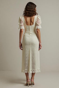Square Neck Apricot Pencil Lace Maxi Work Dress with Sleeves