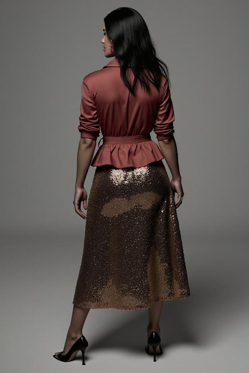 Load image into Gallery viewer, Sparkly Notched Lapel Terracotta 2 Piece Midi Blouses and Skirt with Sash