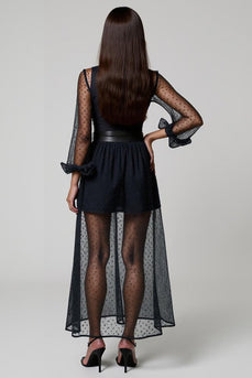 Deep V-Neck A-Line Navy Long Work Dress with Sleeves