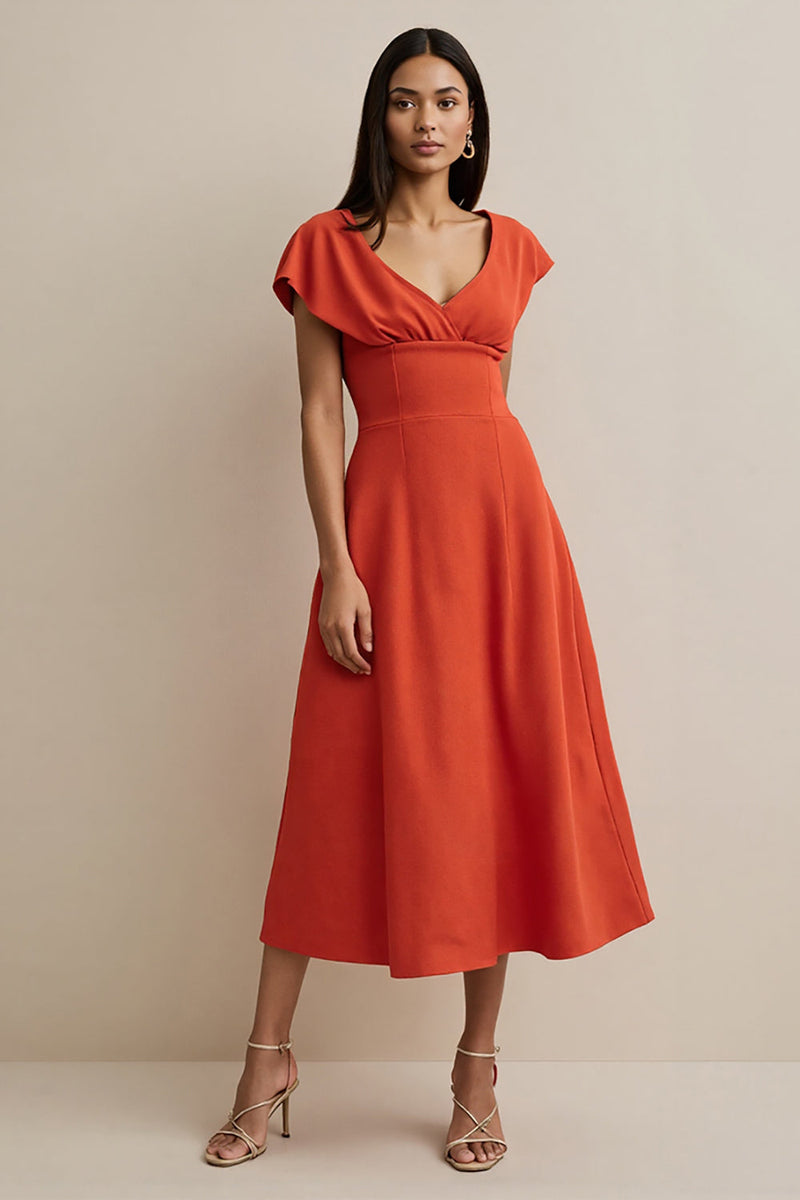 Load image into Gallery viewer, Orange V-Neck A Line Maxi Satin Work Dress with Sleeves