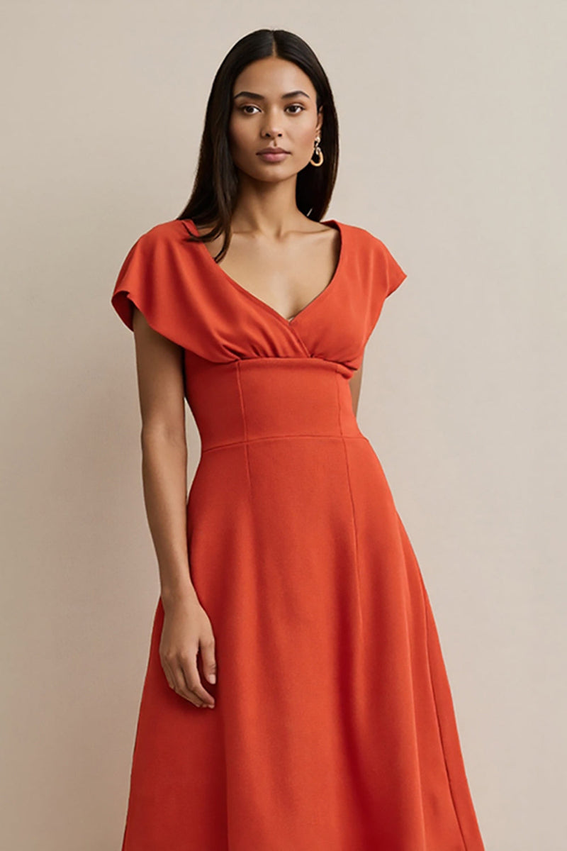 Load image into Gallery viewer, Orange V-Neck A Line Maxi Satin Work Dress with Sleeves