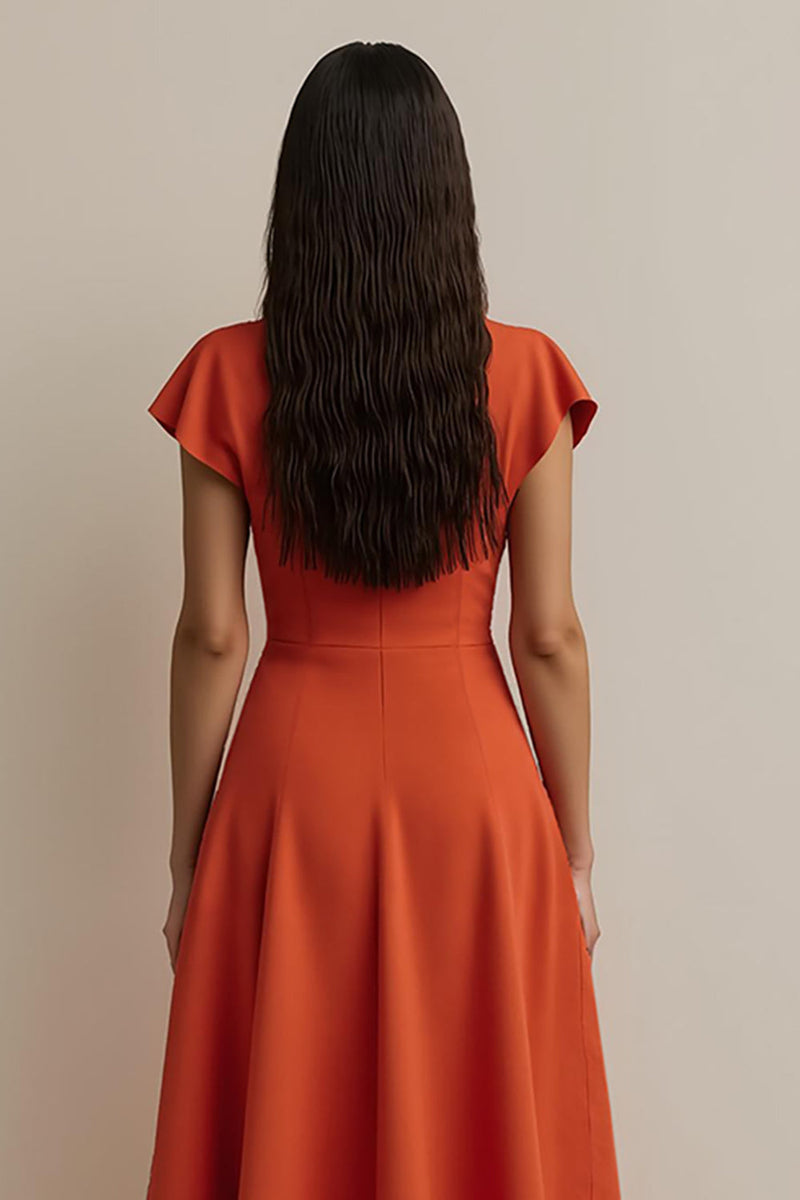 Load image into Gallery viewer, Orange V-Neck A Line Maxi Satin Work Dress with Sleeves