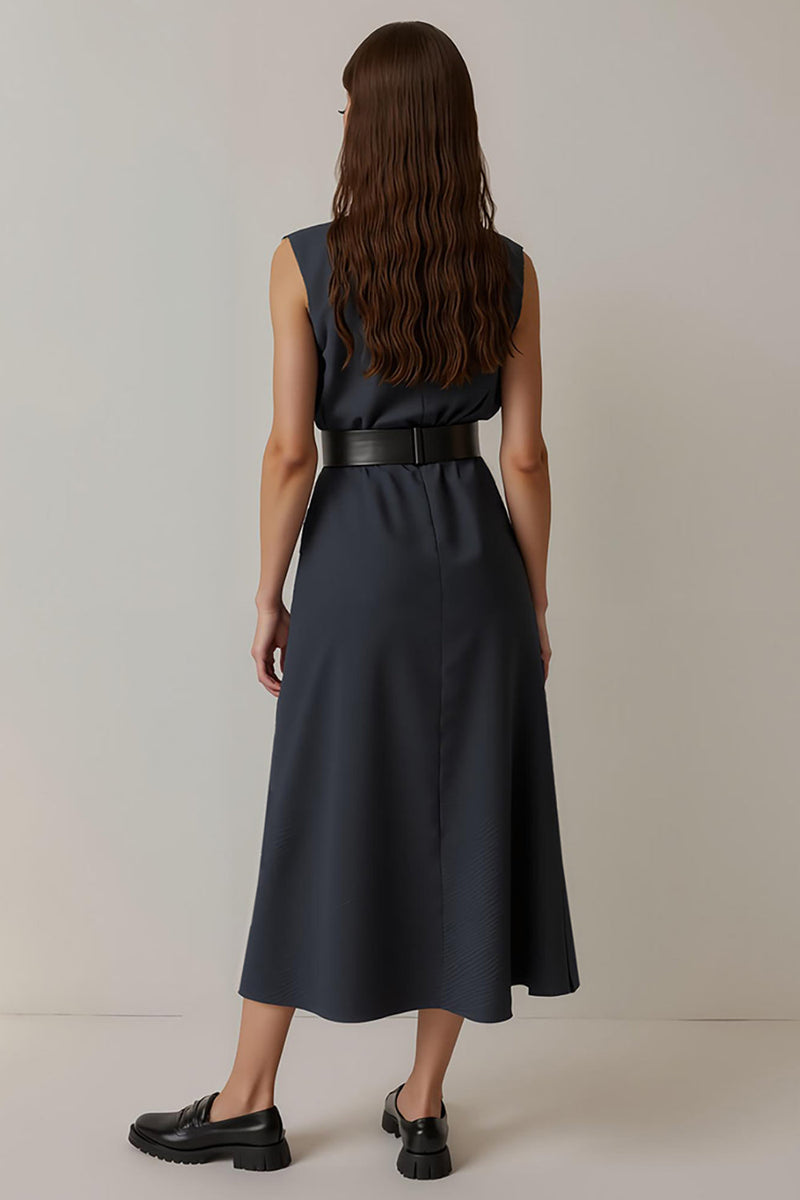 Load image into Gallery viewer, Simple Round Neck Navy Pencil Maxi Work Dress with Pockets
