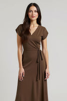 Load image into Gallery viewer, V-Neck Brown Cap Sleeves Midi Work Dress with Sash