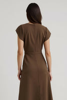 Load image into Gallery viewer, V-Neck Brown Cap Sleeves Midi Work Dress with Sash