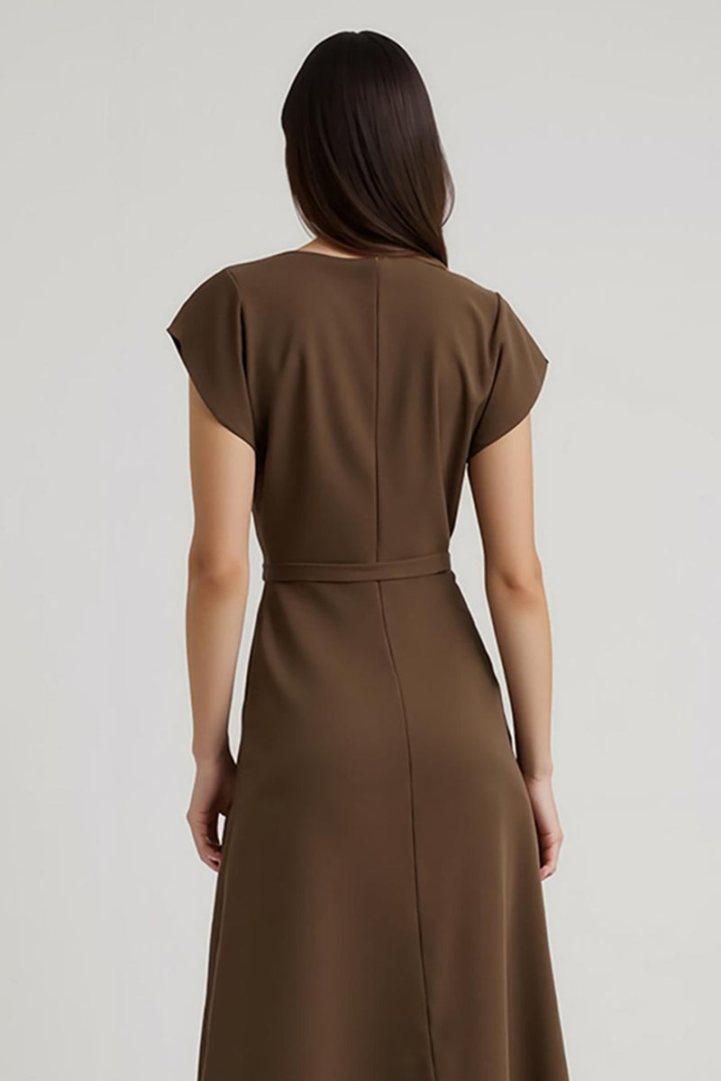 Load image into Gallery viewer, V-Neck Brown Cap Sleeves Midi Work Dress with Sash