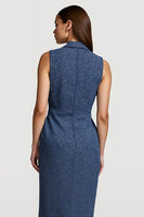 Load image into Gallery viewer, Grey Blue Tweed Notched Lapel Pencil Buttons Midi Blazer Dress