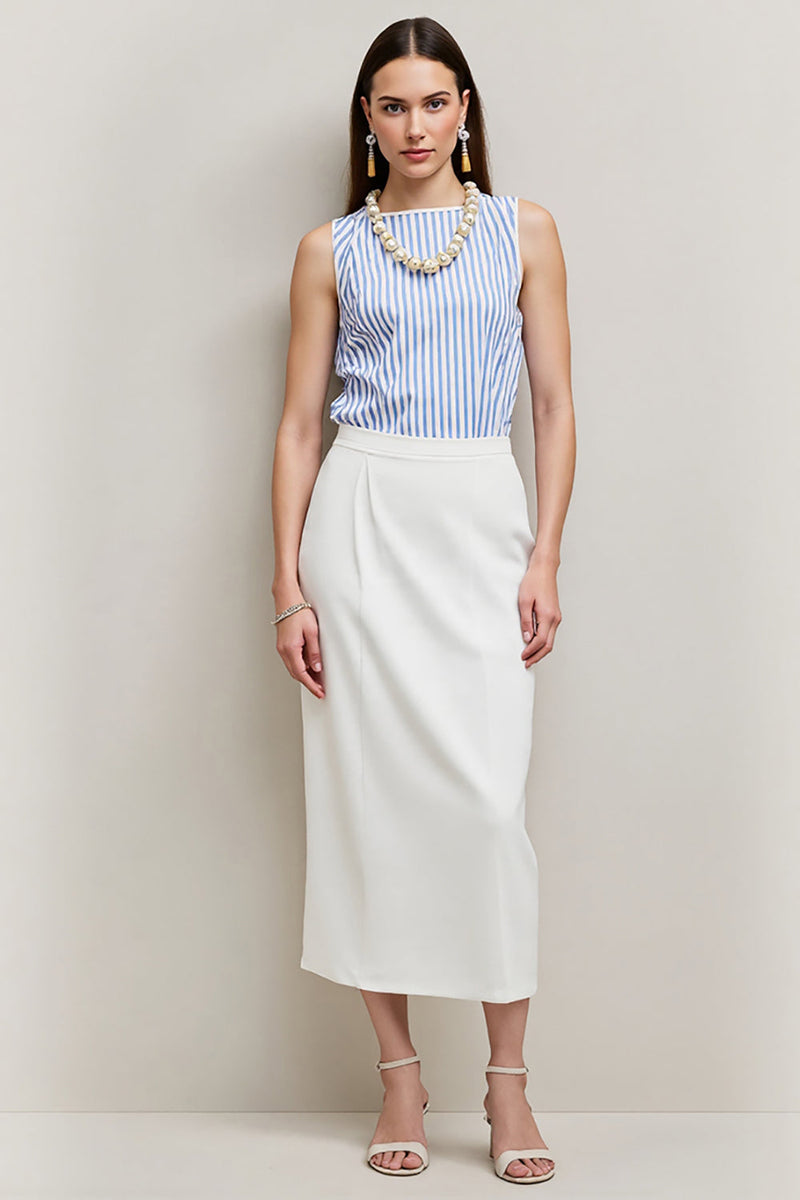 Load image into Gallery viewer, White Blue Bateau Pencil 2 Piece Blouses and Skirt with Slit