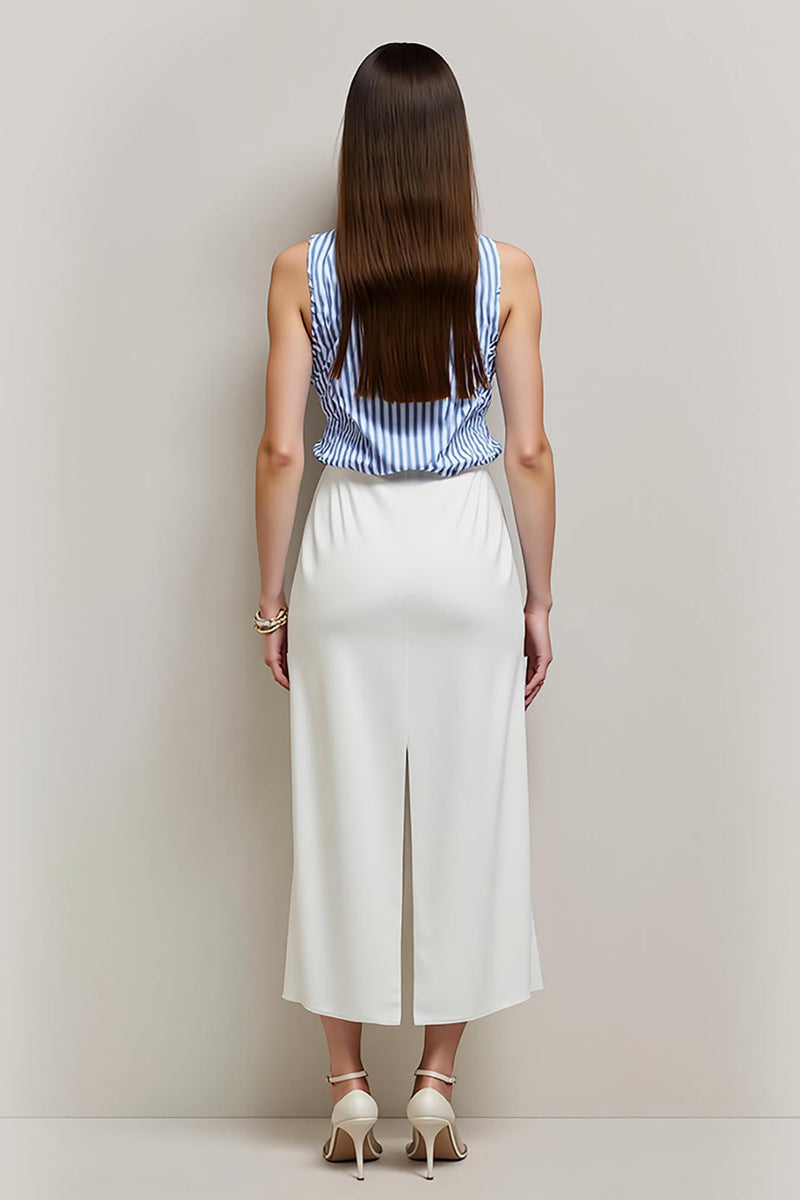 Load image into Gallery viewer, White Blue Bateau Pencil 2 Piece Blouses and Skirt with Slit