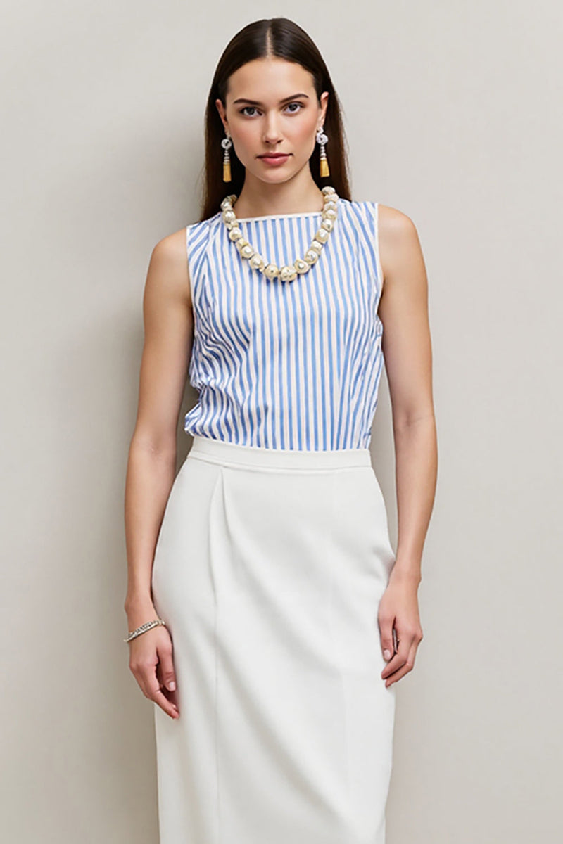 Load image into Gallery viewer, White Blue Bateau Pencil 2 Piece Blouses and Skirt with Slit