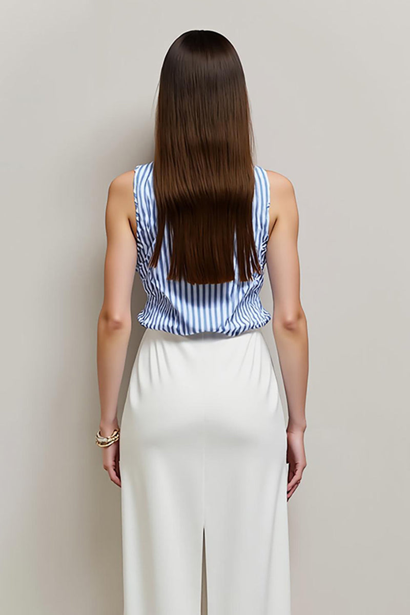 Load image into Gallery viewer, White Blue Bateau Pencil 2 Piece Blouses and Skirt with Slit
