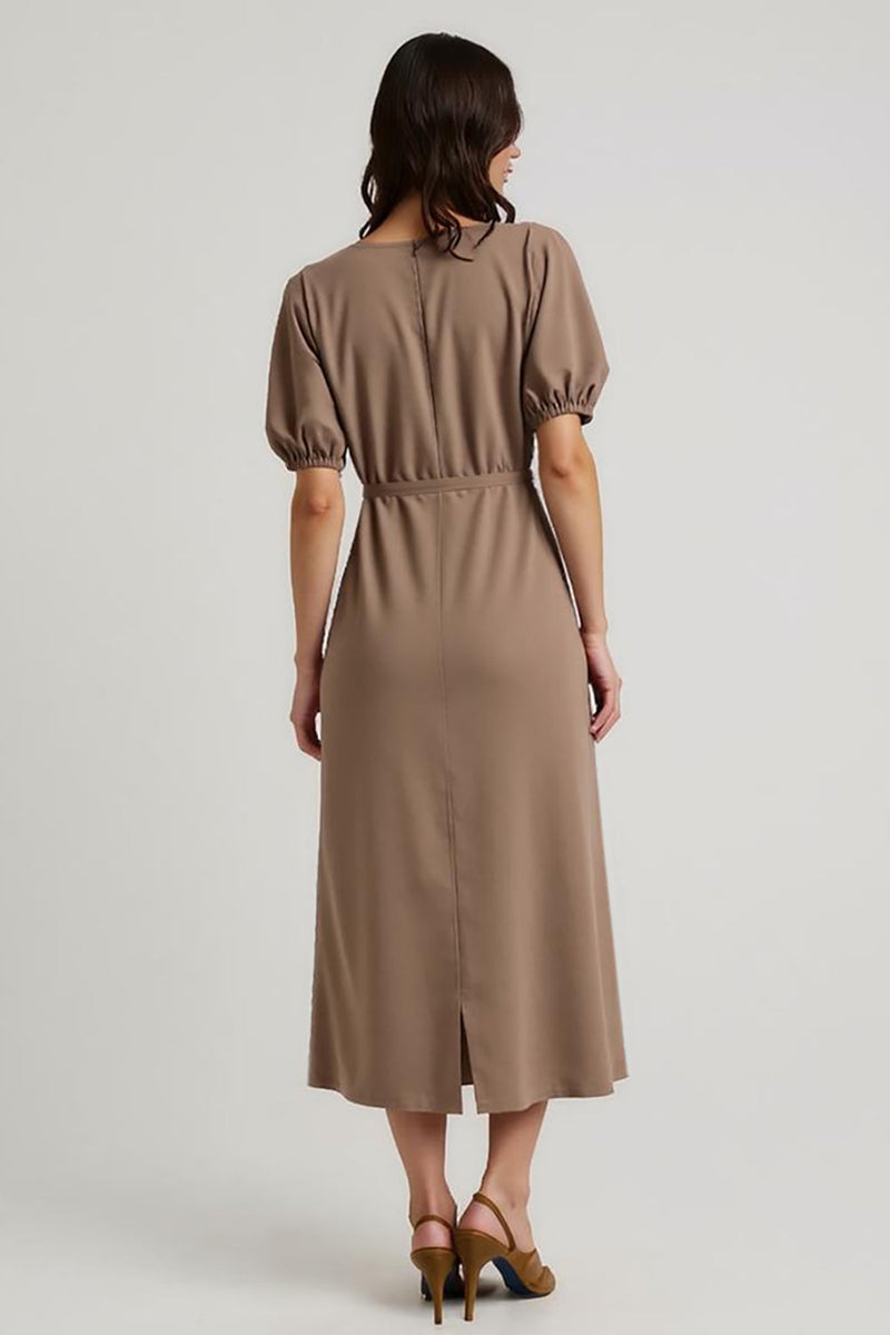 Load image into Gallery viewer, Coffee Bateau Pencil Short Sleeves Maxi Work Dress with Sash