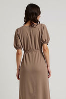 Load image into Gallery viewer, Coffee Bateau Pencil Short Sleeves Maxi Work Dress with Sash
