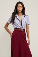 Load image into Gallery viewer, Burgundy 2 Piece Collar Neck Blouses and Skirt with Belts