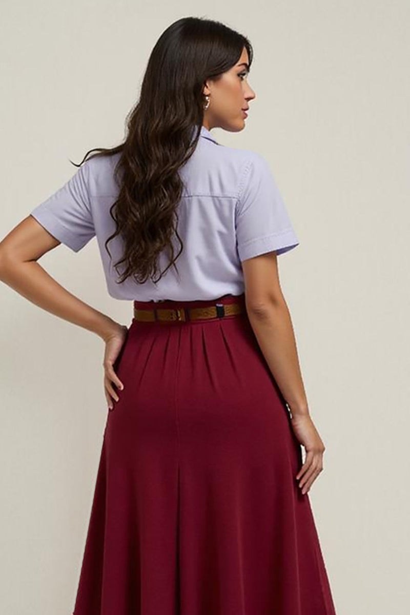Load image into Gallery viewer, Burgundy 2 Piece Collar Neck Blouses and Skirt with Belts