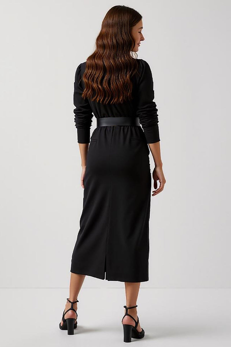 Load image into Gallery viewer, Simple Black Round Neck Pencil Maxi Work Dress with Sleeves