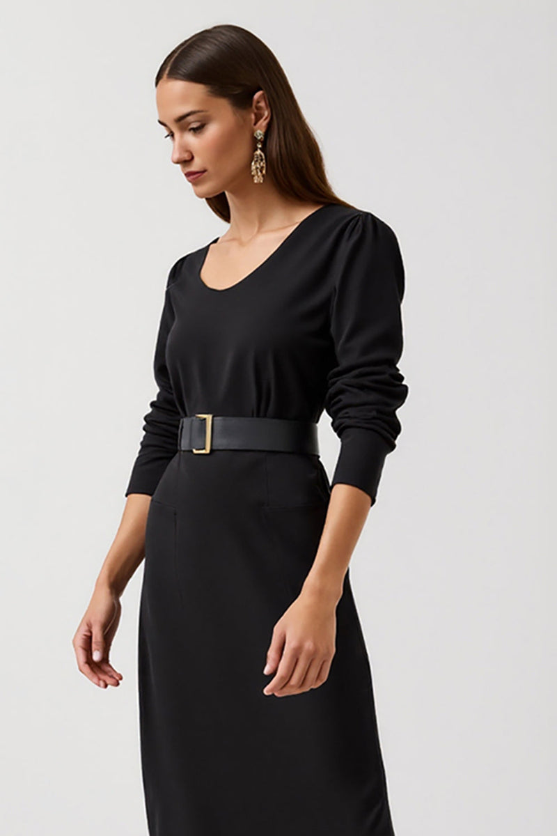 Load image into Gallery viewer, Simple Black Round Neck Pencil Maxi Work Dress with Sleeves