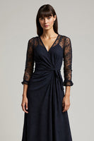 Load image into Gallery viewer, Navy V-Neck Chiffon Long Ruched Work Dress with Sleeves