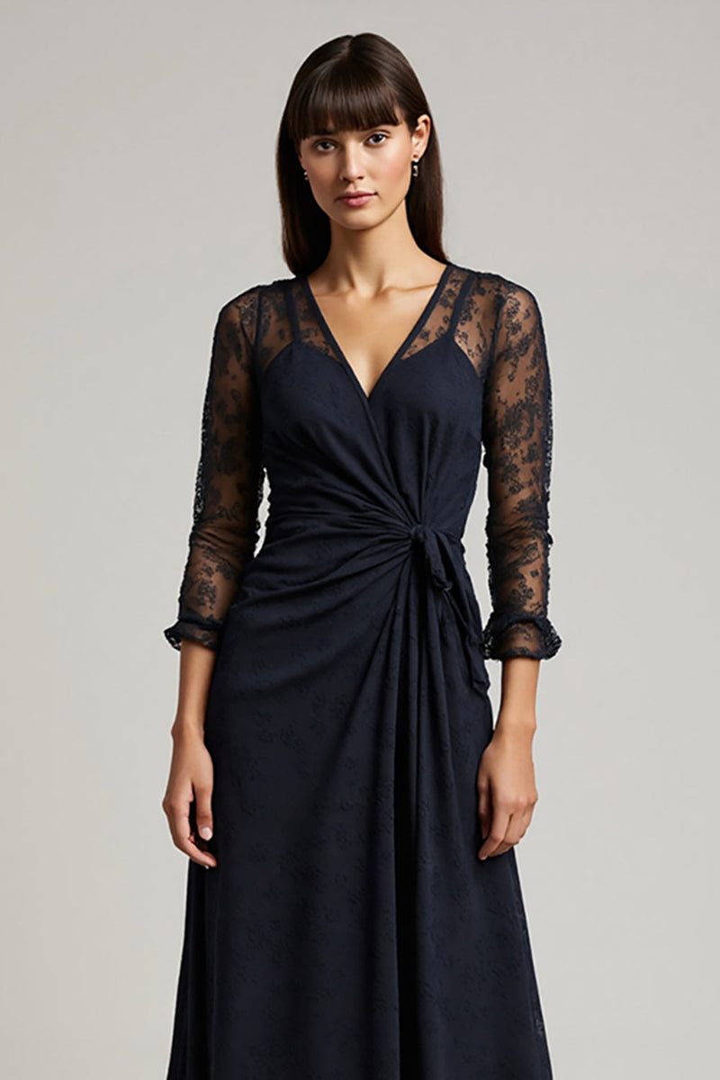 Load image into Gallery viewer, Navy V-Neck Chiffon Long Ruched Work Dress with Sleeves
