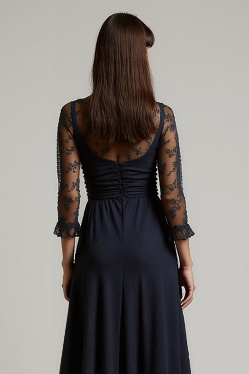 Load image into Gallery viewer, Navy V-Neck Chiffon Long Ruched Work Dress with Sleeves