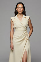Load image into Gallery viewer, Apricot Notched Lapel Long Satin Work Dress with Slit