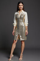 Load image into Gallery viewer, Sparkly Golden Collar Neck Pencil Sequins Short Work Dress with Slit