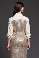 Load image into Gallery viewer, Sparkly Golden Collar Neck Pencil Sequins Short Work Dress with Slit