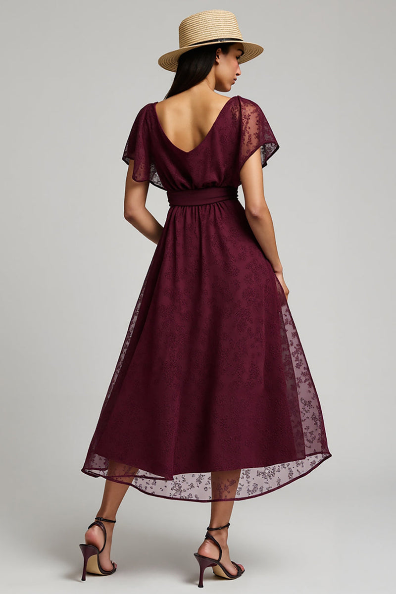 Load image into Gallery viewer, Burgundy A Line Bateau Long Lace Work Dress with Sleeves