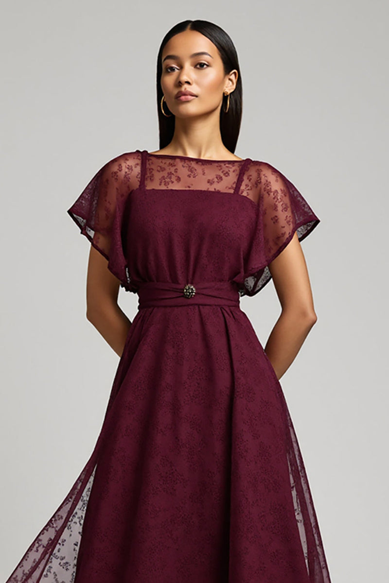 Load image into Gallery viewer, Burgundy A Line Bateau Long Lace Work Dress with Sleeves