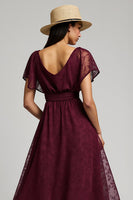 Load image into Gallery viewer, Burgundy A Line Bateau Long Lace Work Dress with Sleeves