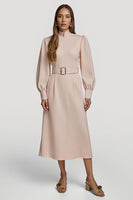 Load image into Gallery viewer, Grey Pink High Neck Pencil Maxi Satin Work Dress with Belts