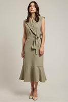 Load image into Gallery viewer, Grey Green Shawl Lapel Pencil Maxi Work Dress with Sash