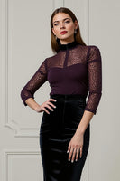 Load image into Gallery viewer, Dark Purple High Neck 2 Piece Pencil Blouses and Velvet Skirt
