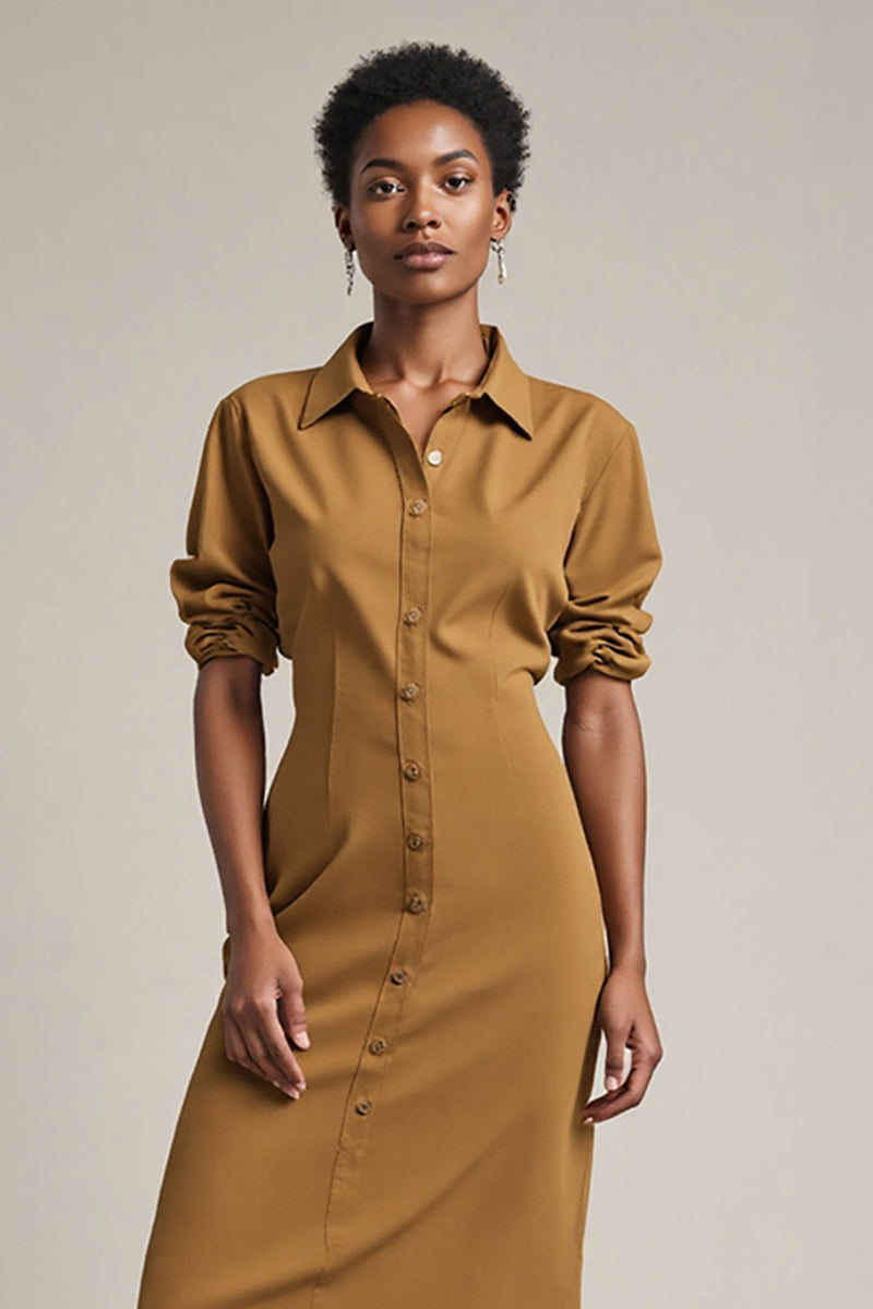 Load image into Gallery viewer, Yellow Collar Neck Pencil Sleeves Midi Work Dress